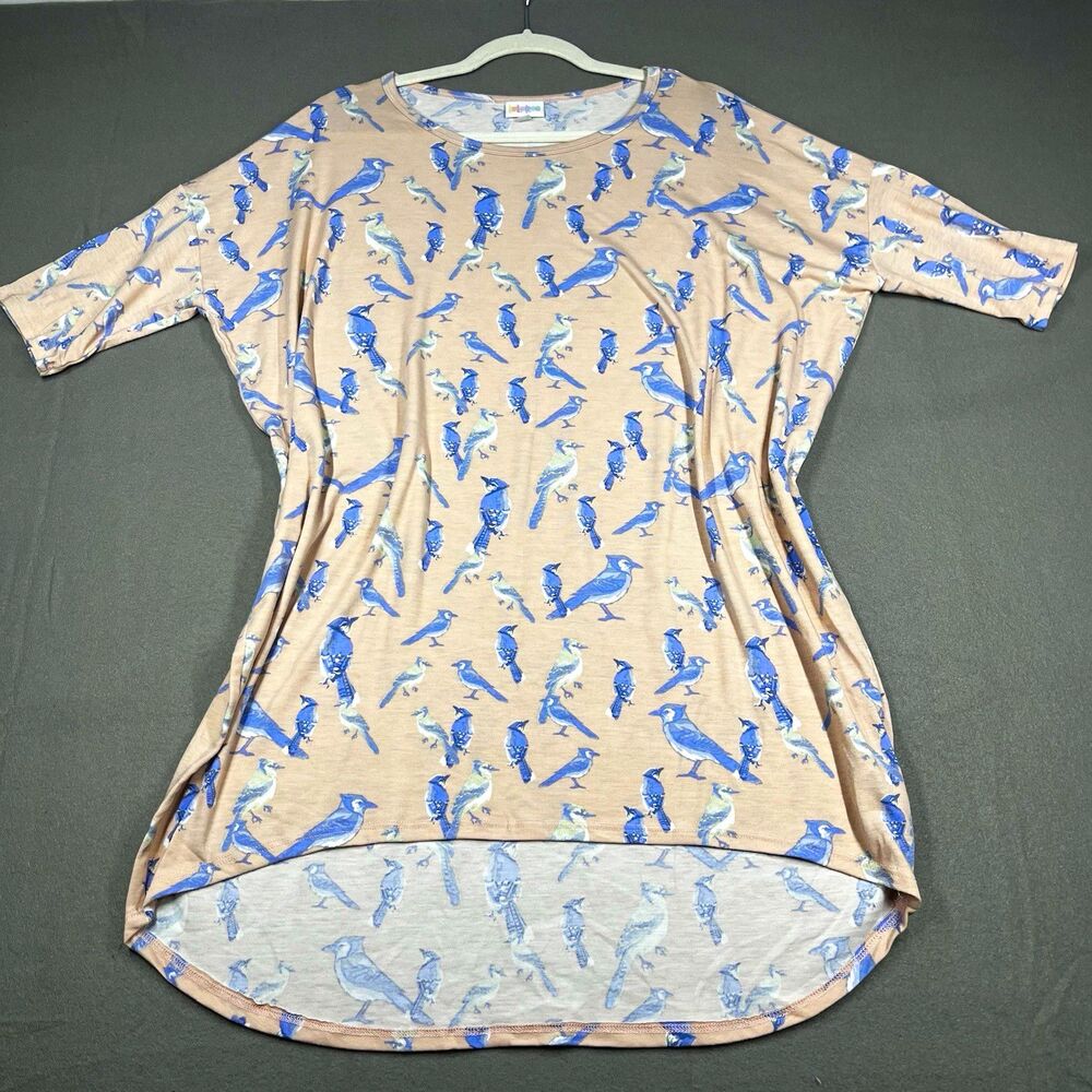 LuLaRoe Womens S Beige Blue Bird Print Round Neck 3/4 Sleeve Tunic Top